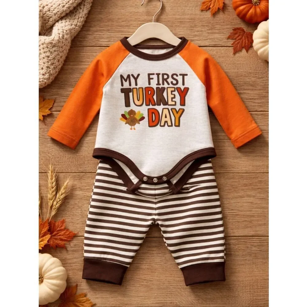 NWT Macy’s Baby Essentials 2 Piece Pant Set My First Turkey Day - Size 3 Month